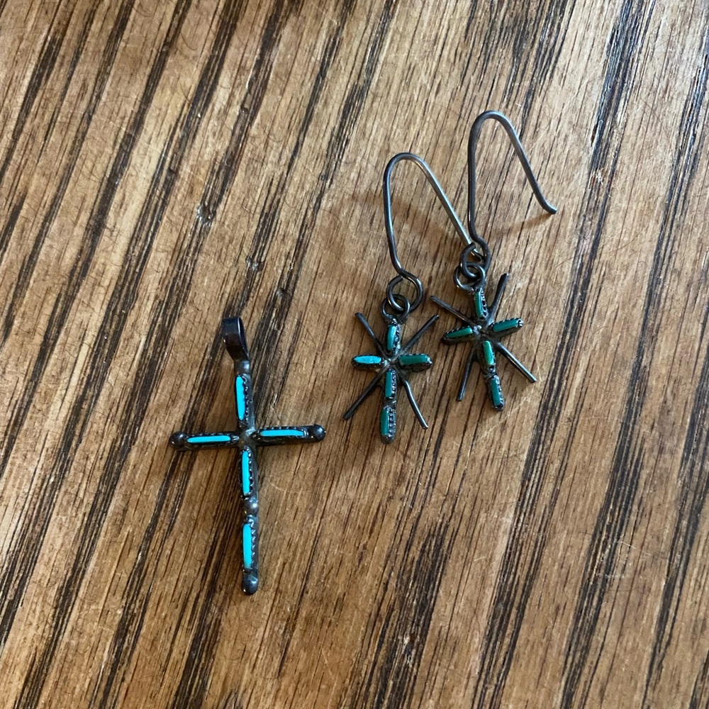 Sterling Silver Turquoise Native American Sunburst Cross Pendant & Earrings